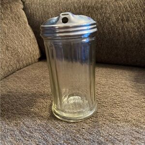 Vintage Clear Glass Sugar Dispenser with Silver Lid flap missing Chicago USA